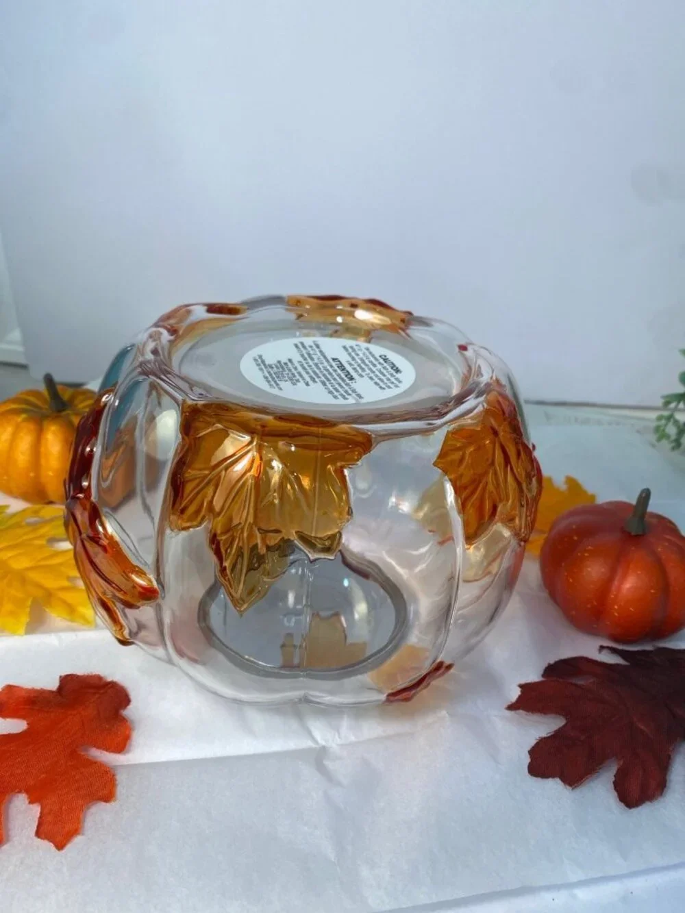 Bath & Body Works Round Glass Leaf 3 Wick Candle Holder New In Box